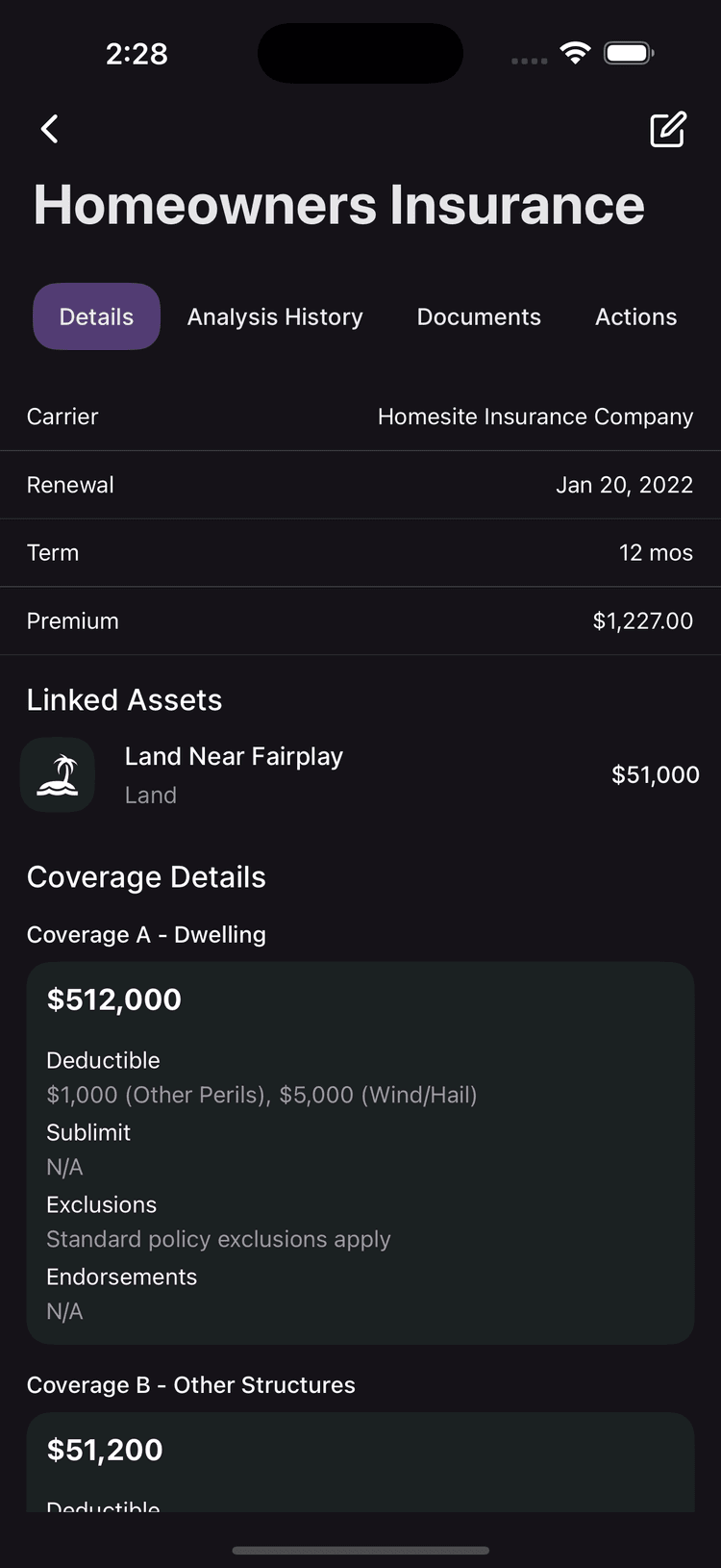 Coverage detail screen