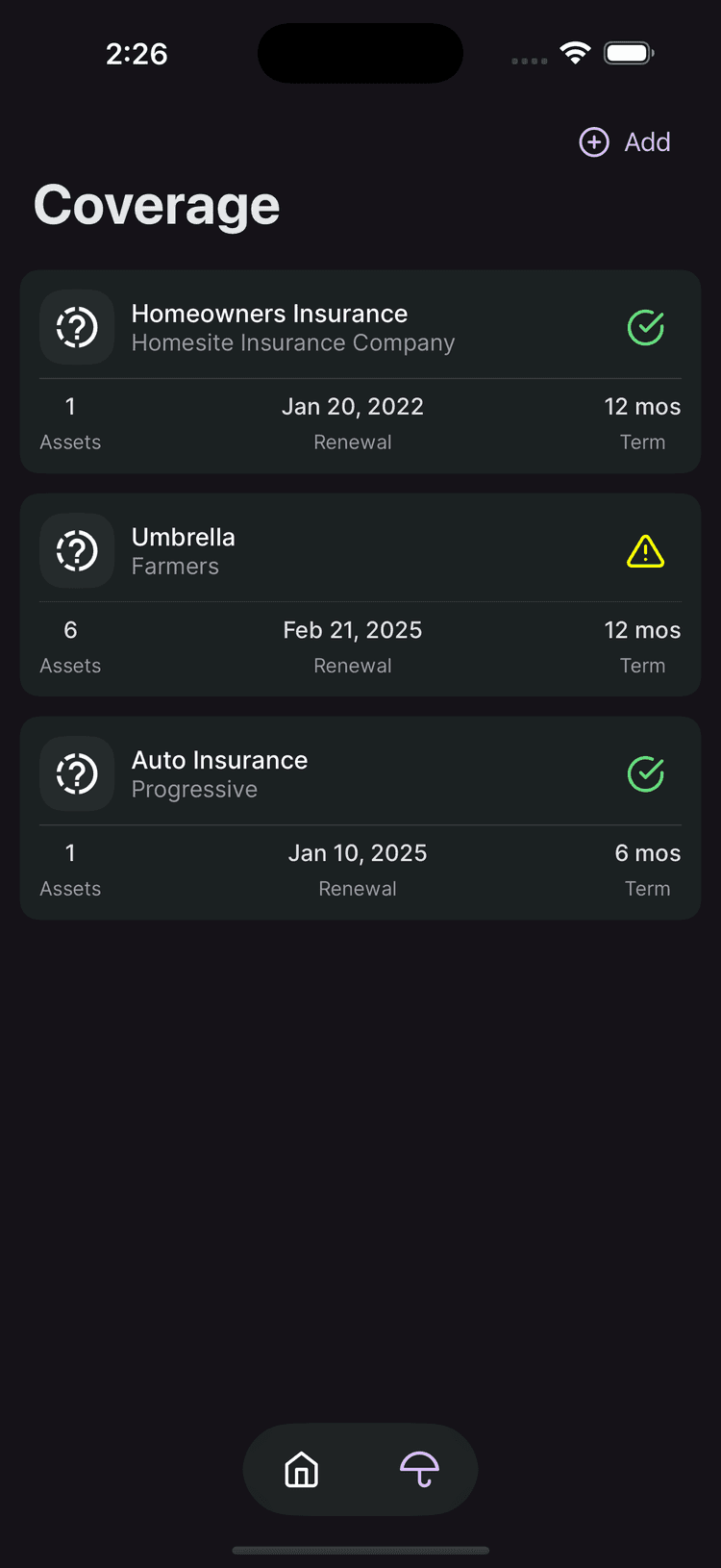 Coverage home screen